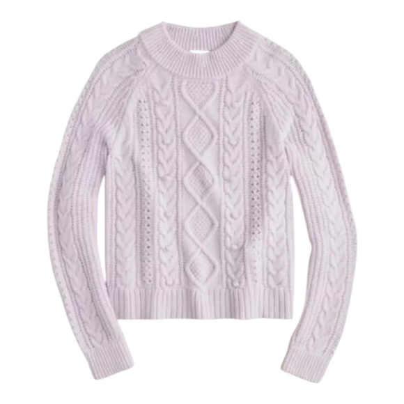J. Crew Cable Knit Pom Pom Women's Lilac Azra Knit Lambswool Fisherman Sweater L - Picture 4 of 12